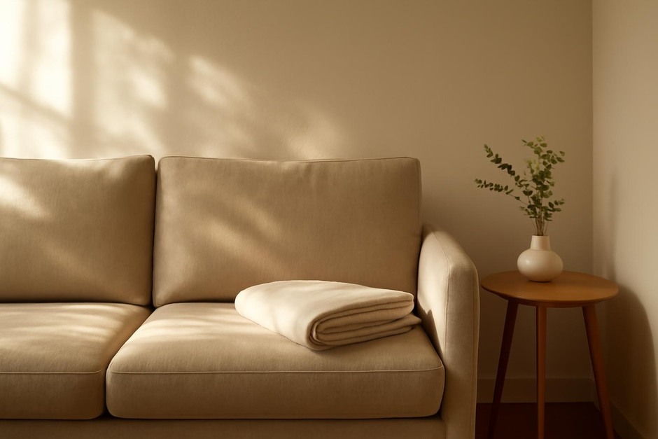 Sunlight on a neat sofa with a folded blanket and a small vase on a side table