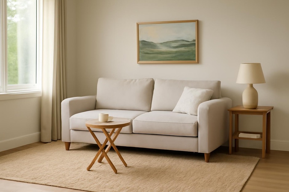 A small living room arranged with a sofa, rug, and a folding side table