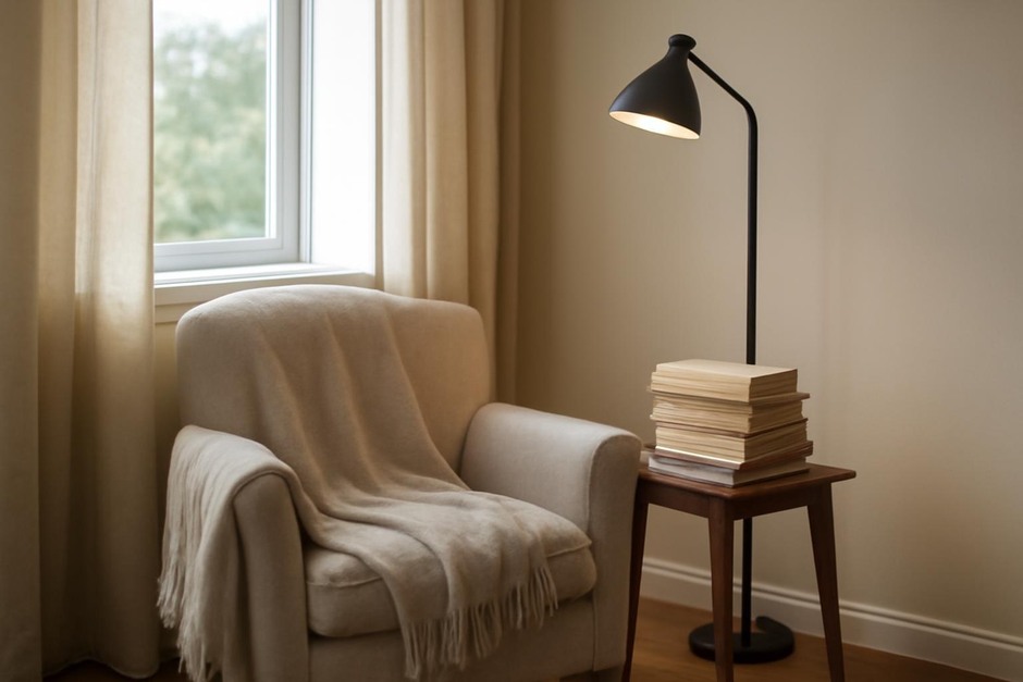 A small cozy reading corner with a chair, blanket, lamp, and a stack of books