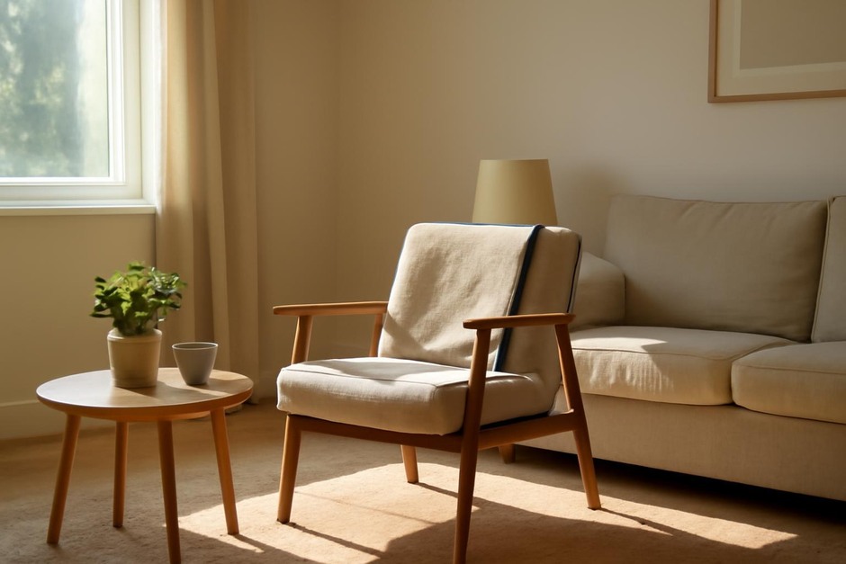 Sunlight falling on a tidy living room with a folded blanket on a chair