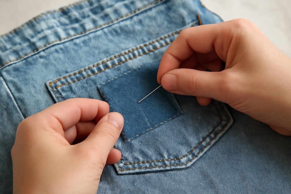 Hands sewing a patch on a denim pocket
