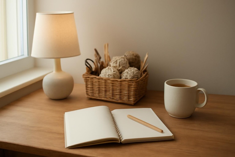 A small wooden table with a lamp, a basket of supplies, and a cup of tea beside an open notebook